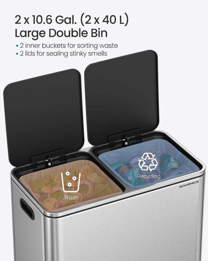 Køkkenskraldespand med pedal og to rum, 2 x 10,6 gallon, produktvisning 7 | Noreva Home