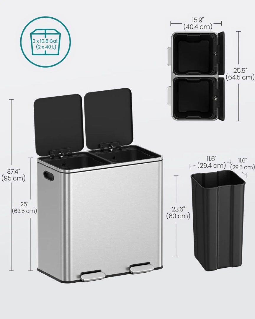 Køkkenskraldespand med pedal og to rum, 2 x 10,6 gallon, produktvisning 10 | Noreva Home