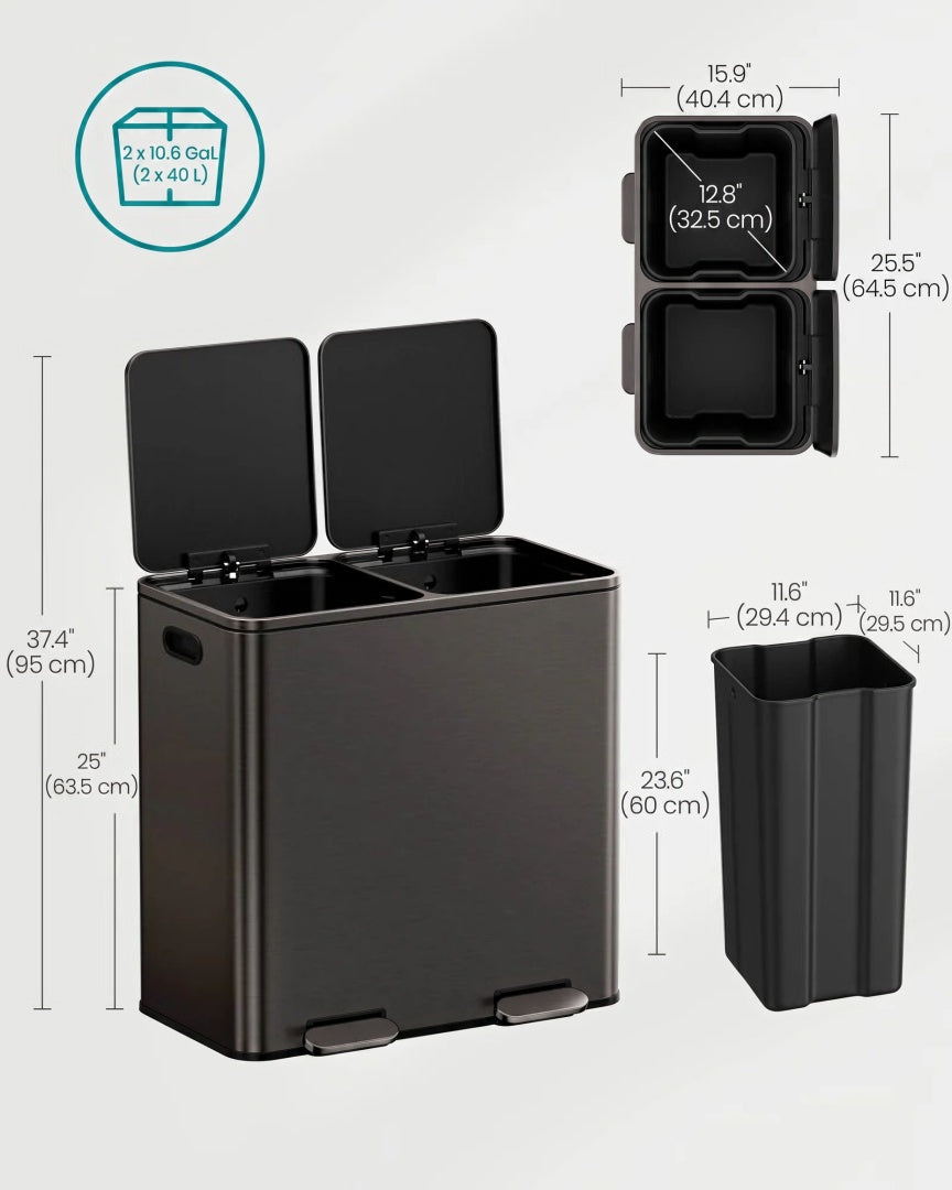 Køkkenskraldespand med pedal og to rum, 2 x 10,6 gallon, produktvisning 14 | Noreva Home