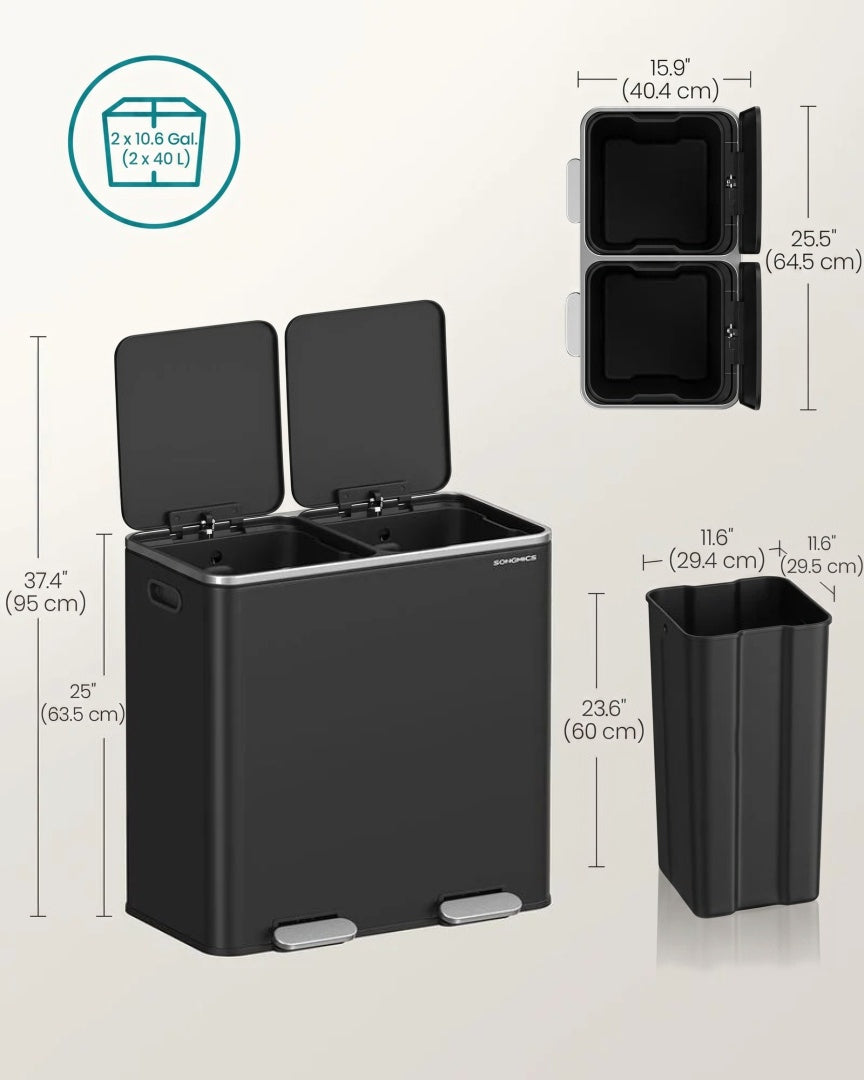 Køkkenskraldespand med pedal og to rum, 2 x 10,6 gallon, produktvisning 31 | Noreva Home