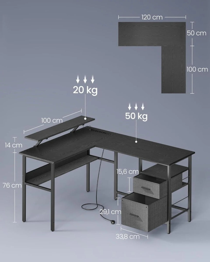 L-formet gamingbord med LED-lys og stikkontakter – produktvisning 3 | Noreva Home