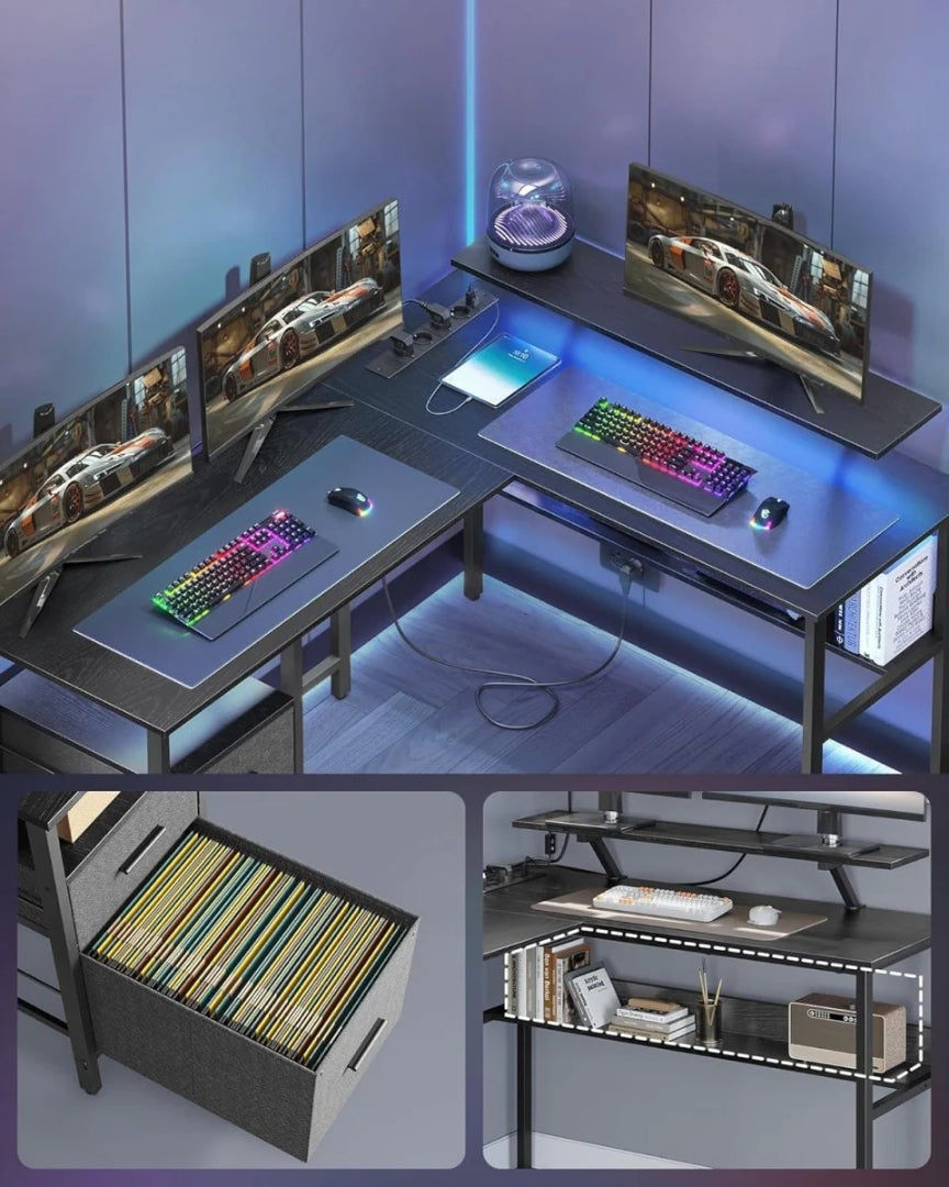 L-formet gamingbord med LED-lys og stikkontakter – produktvisning 8 | Noreva Home