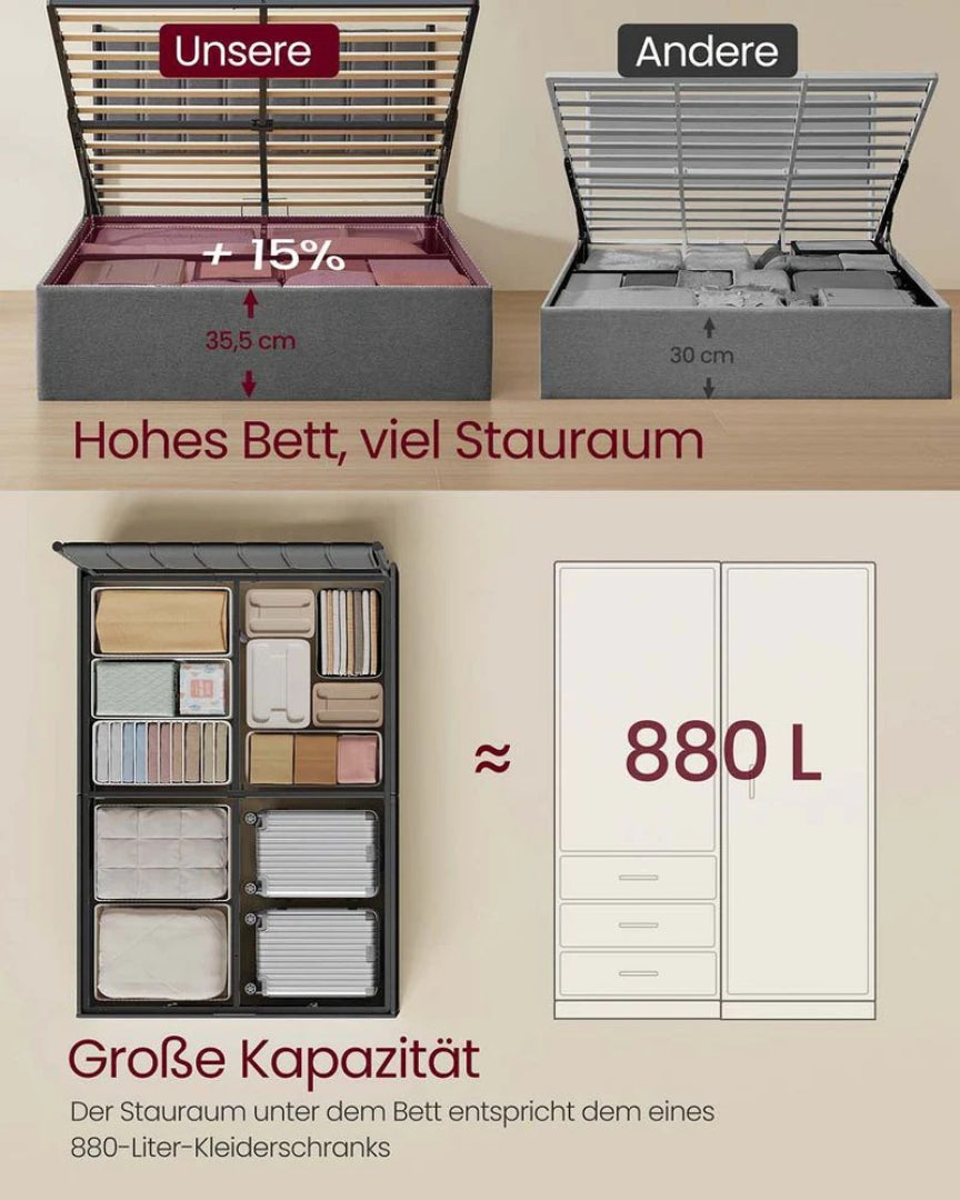 Polstret sengestel med opbevaring og hydraulisk løft – produktvisning 6 | Noreva Home
