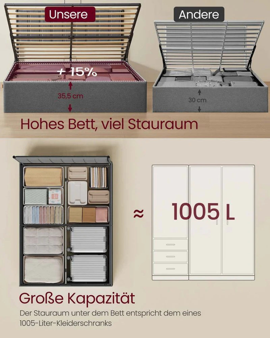 Polstret sengestel med opbevaring og hydraulisk løft – produktvisning 7 | Noreva Home