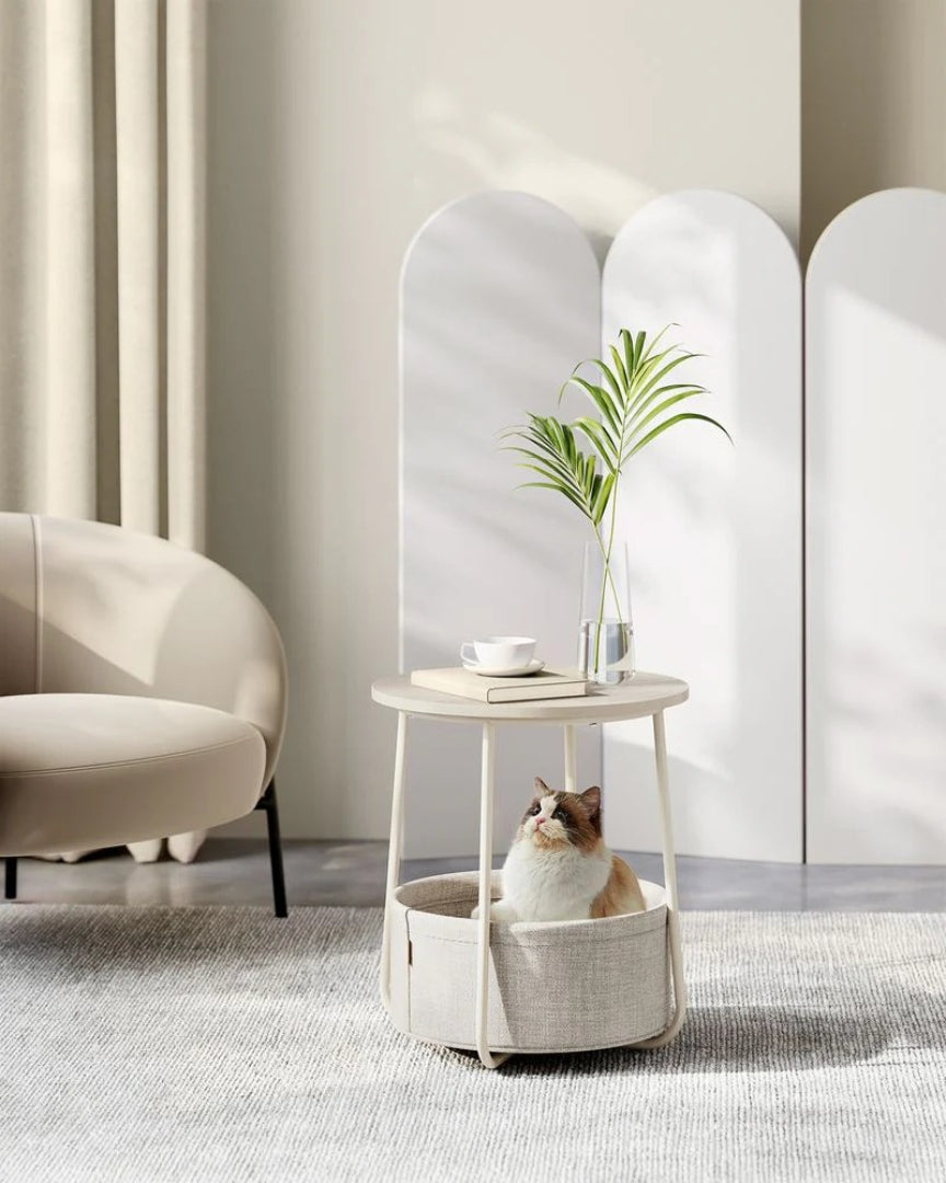 Rundt sengebord med stofkurv og stålstel, produktvisning 40 | Noreva Home