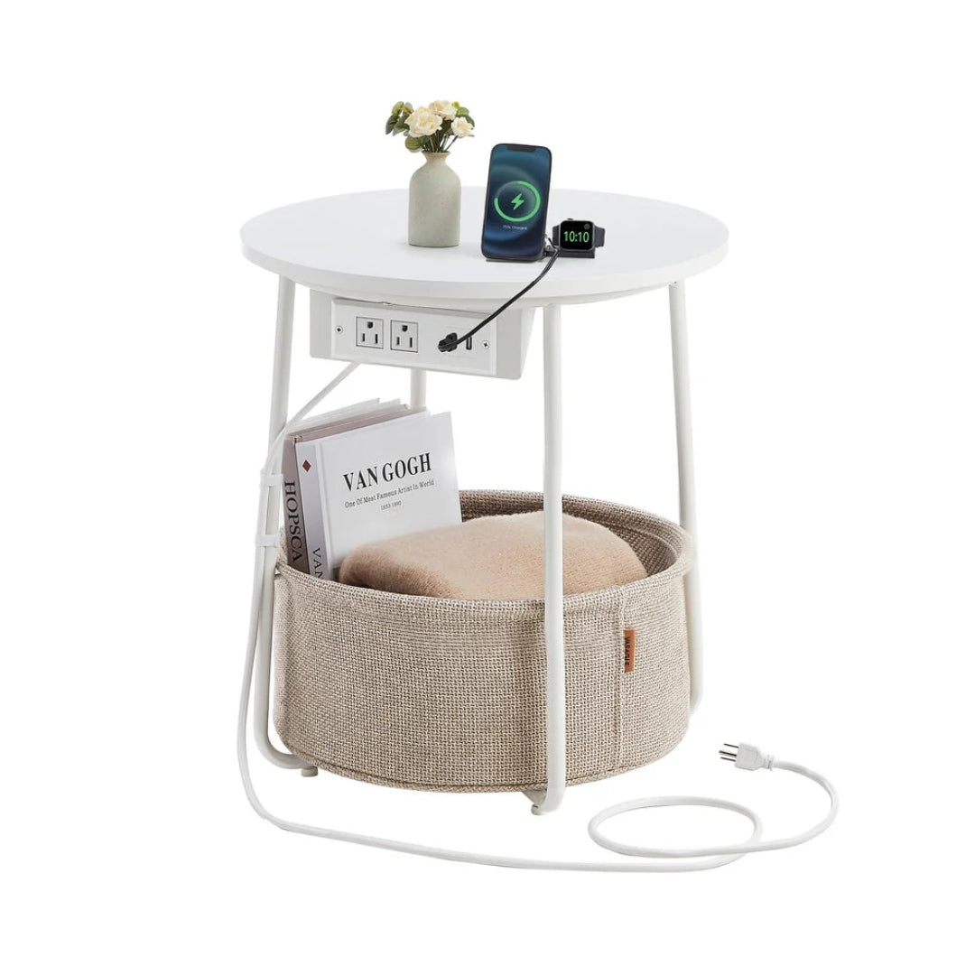 Rundt sidebord med ladestation og stofkurv, produktvisning 1 | Noreva Home