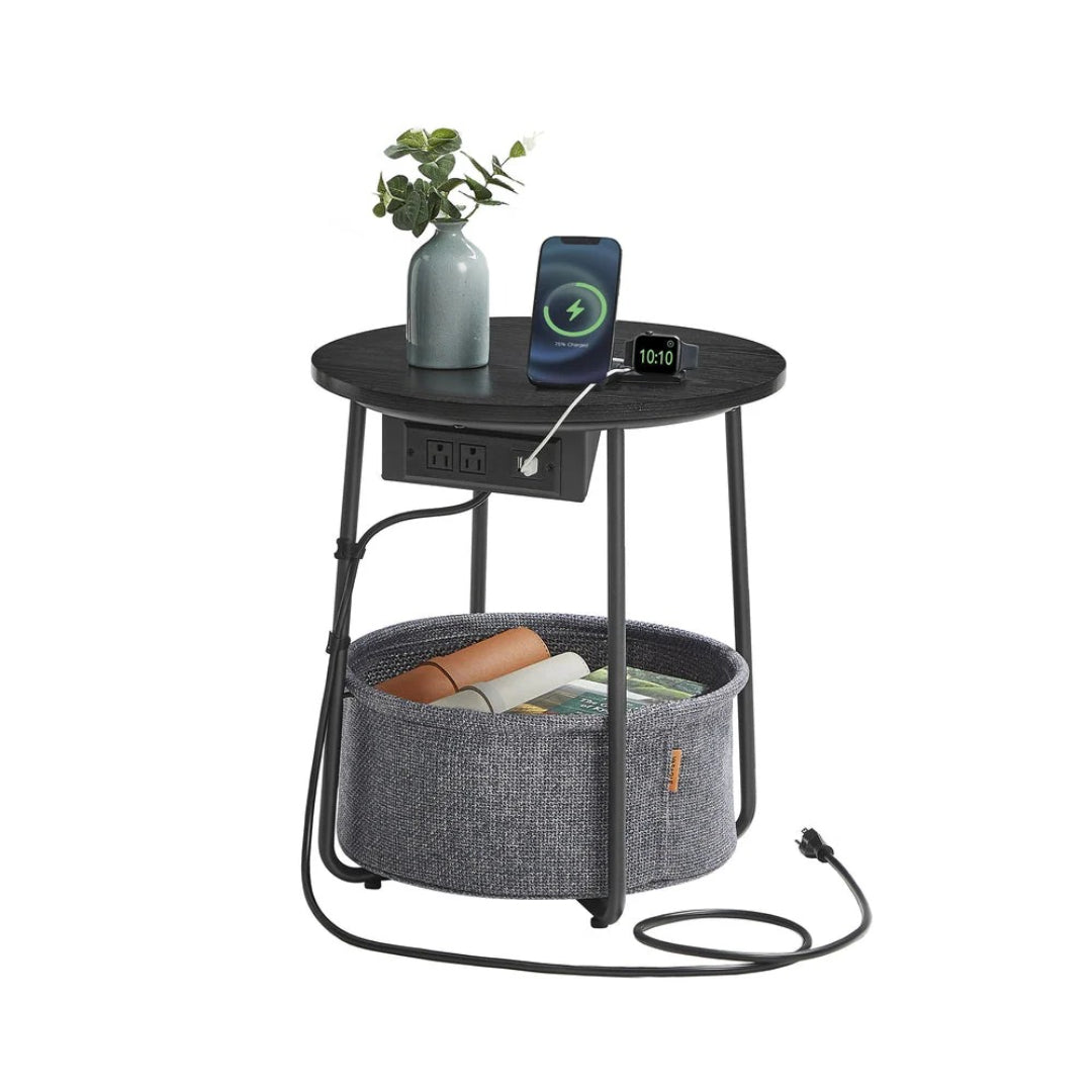 Rundt sidebord med ladestation og stofkurv, produktvisning 5 | Noreva Home