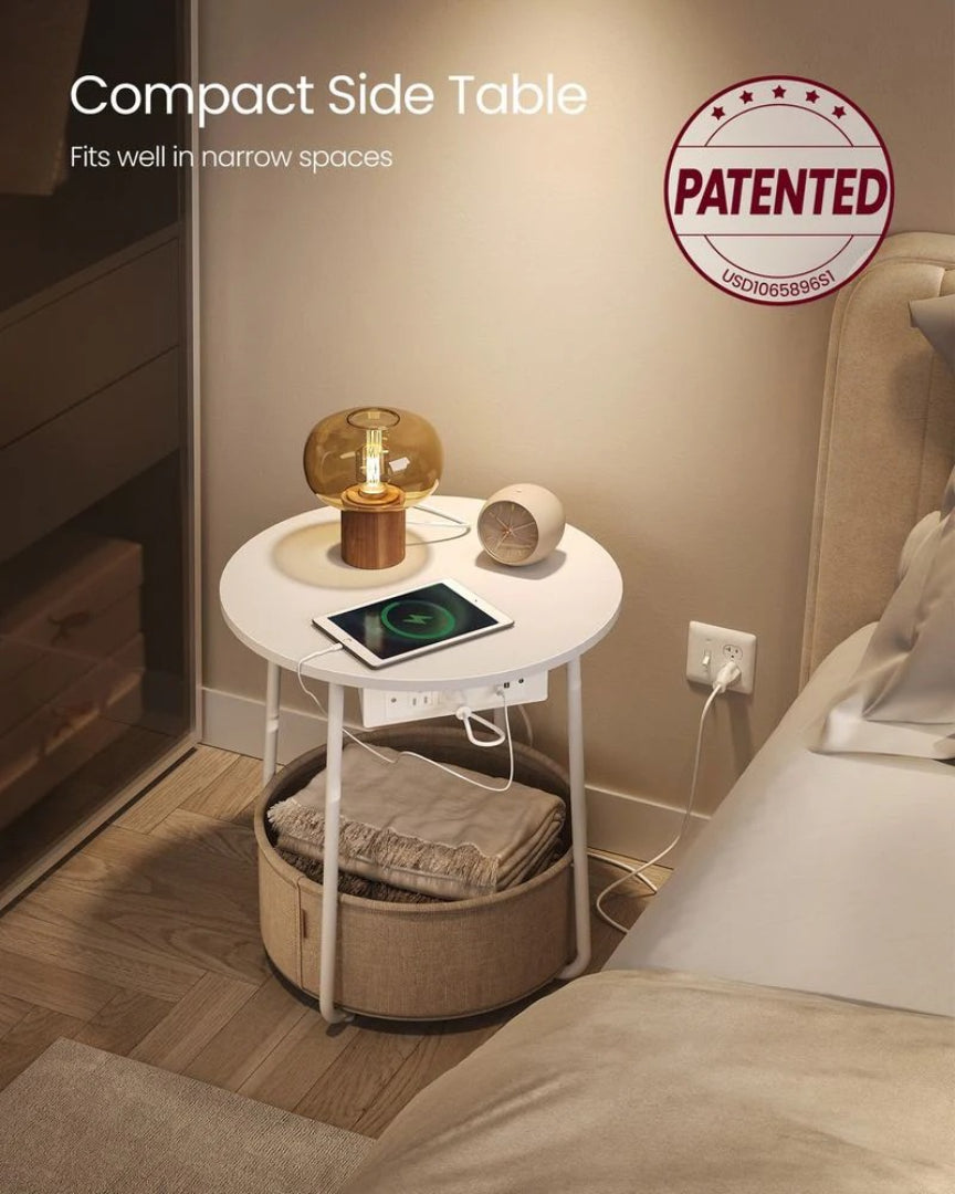 Rundt sidebord med ladestation og stofkurv, produktvisning 8 | Noreva Home