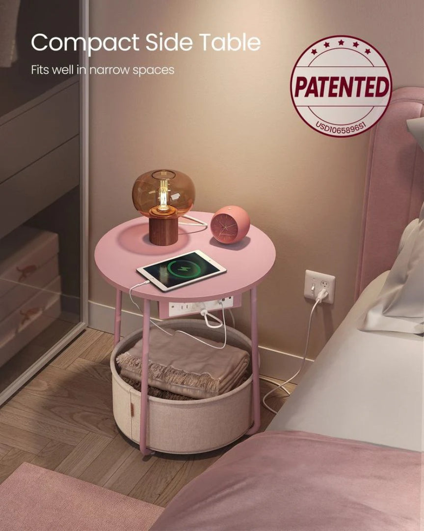 Rundt sidebord med ladestation og stofkurv, produktvisning 25 | Noreva Home