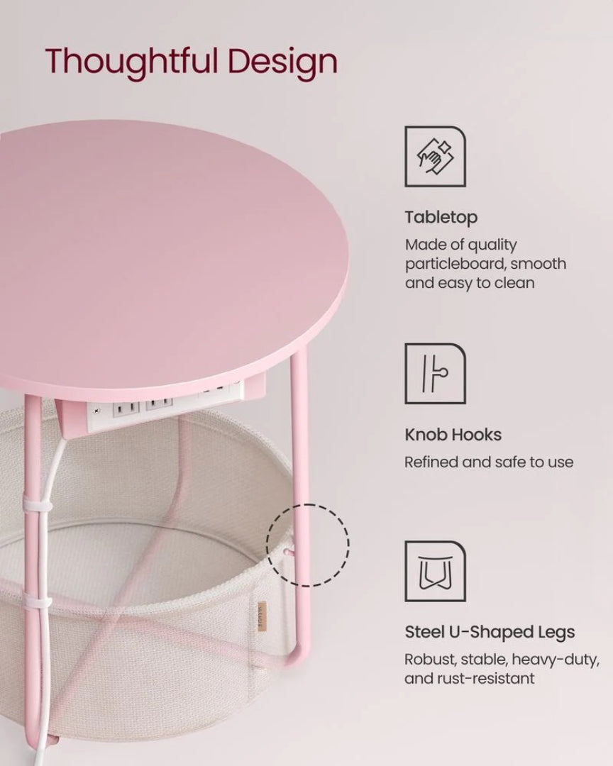 Rundt sidebord med ladestation og stofkurv, produktvisning 27 | Noreva Home