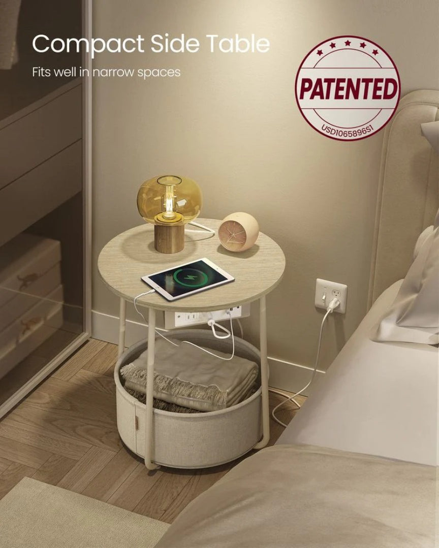 Rundt sidebord med ladestation og stofkurv, produktvisning 34 | Noreva Home