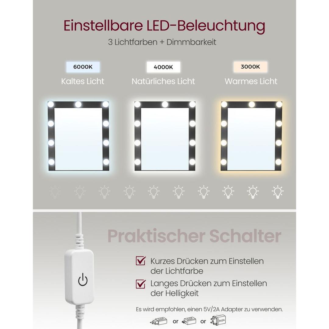 Sminkebord med LED-Belysning – Makeupbord med Spejl og Opbevaring – produktvisning 4 | Noreva Home