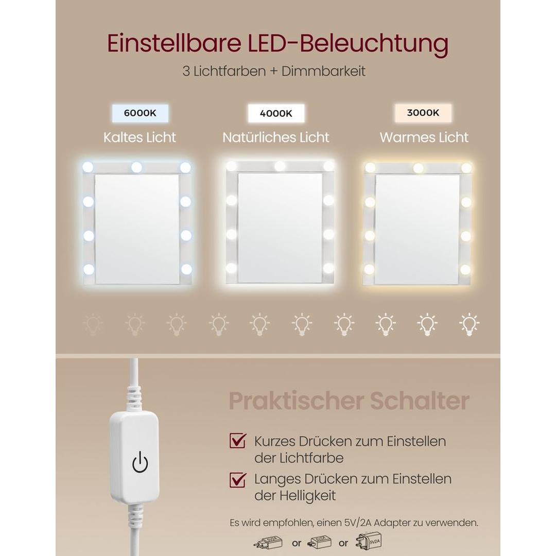 Sminkebord med LED-Belysning – Makeupbord med Spejl og Opbevaring – produktvisning 11 | Noreva Home