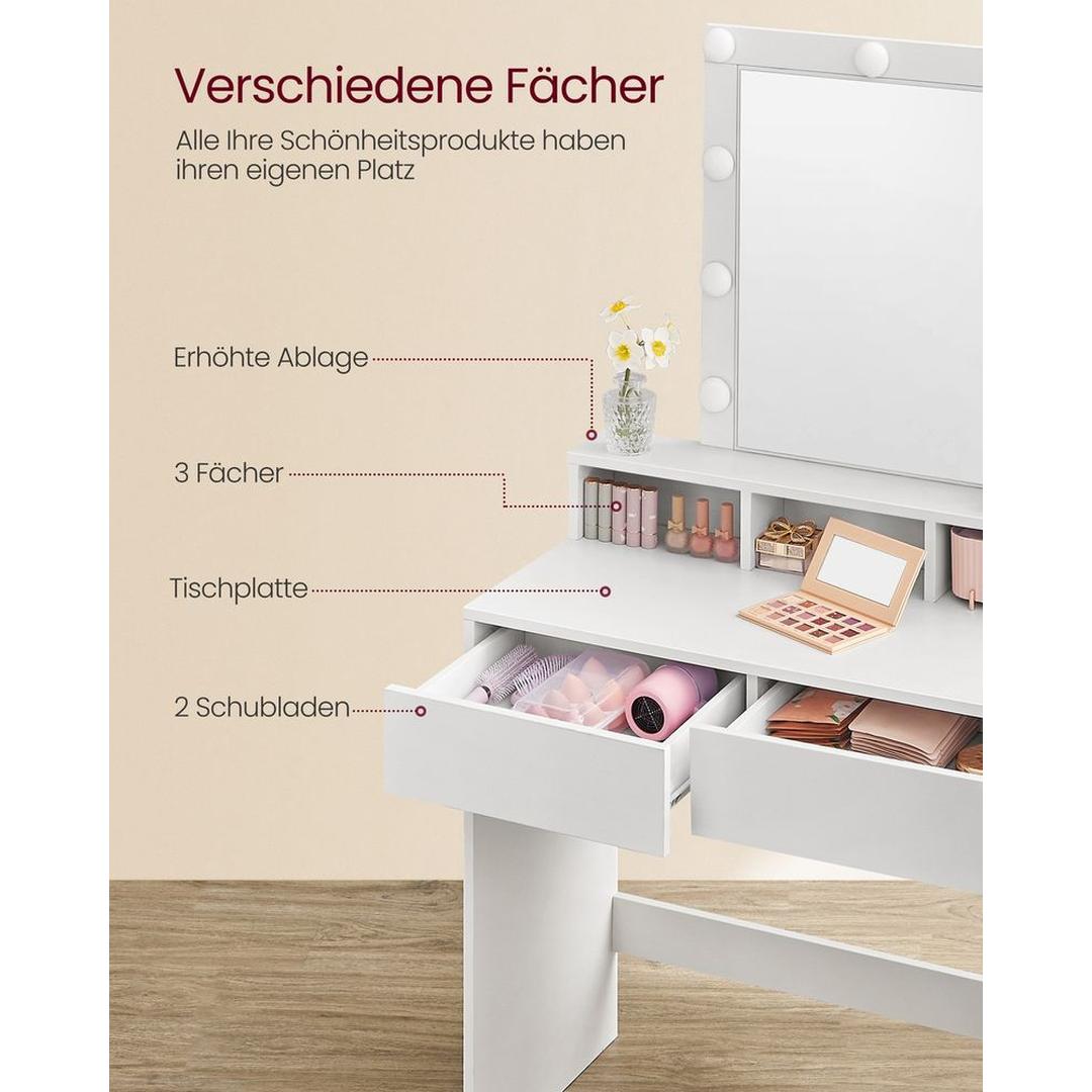 Sminkebord med LED-Belysning – Makeupbord med Spejl og Opbevaring – produktvisning 12 | Noreva Home