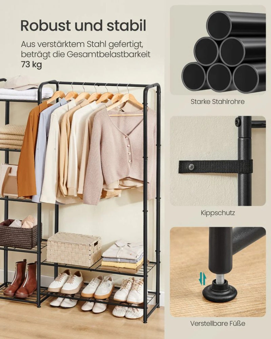 Sort metal tøjstativ med hylder og justerbare fødder – produktvisning 9 | Noreva Home