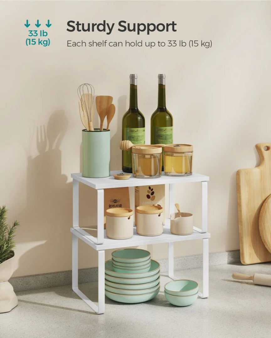 Stabelbare bordhylder til køkken, sæt med 2, metalstel med træhylder, produktvisning 19 | Noreva Home