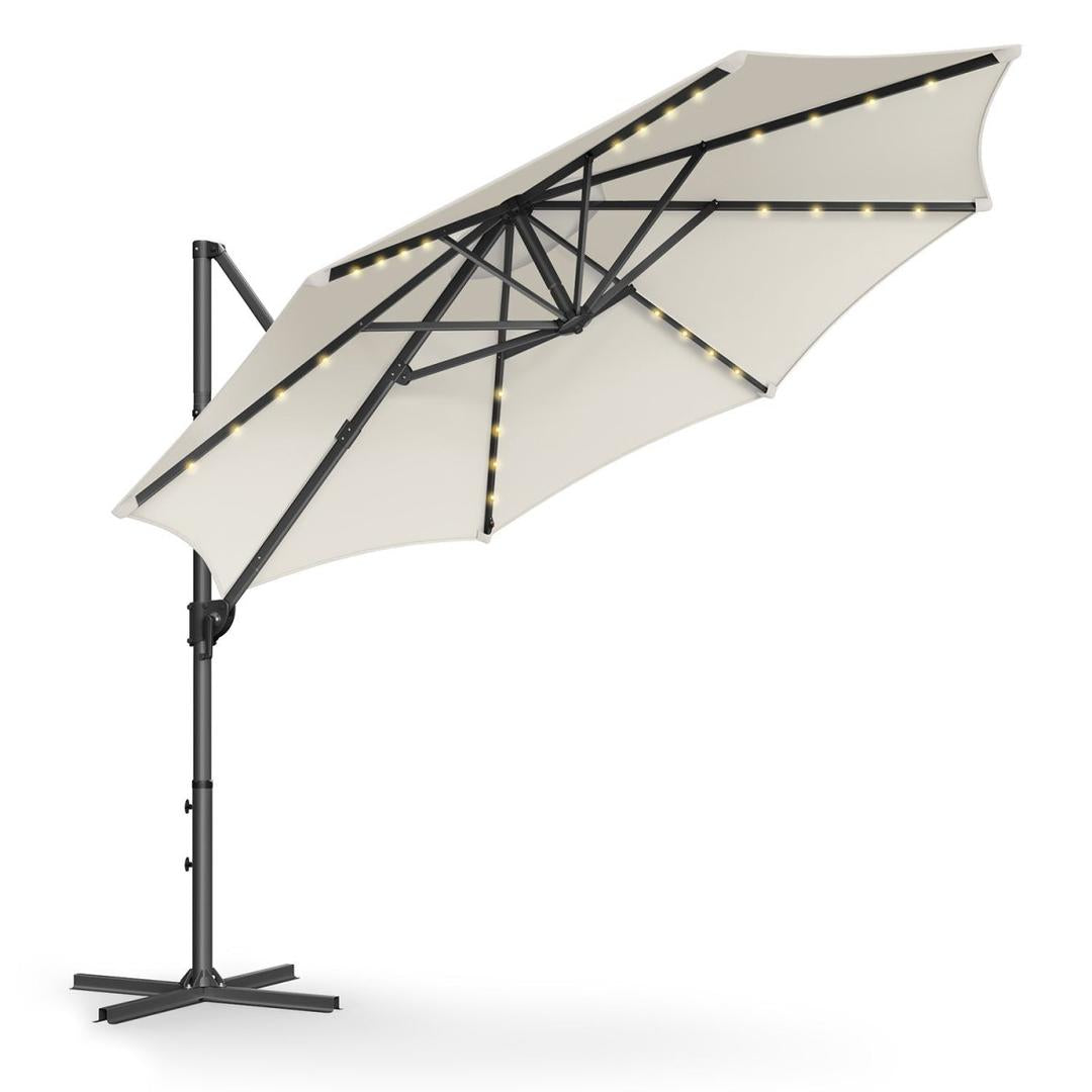 Svævende parasol Ø300 cm med LED-lys – 360° drejelig og vippelig – UPF 50+ – med sving og kryds-fod – produktvisning 2 | Noreva Home