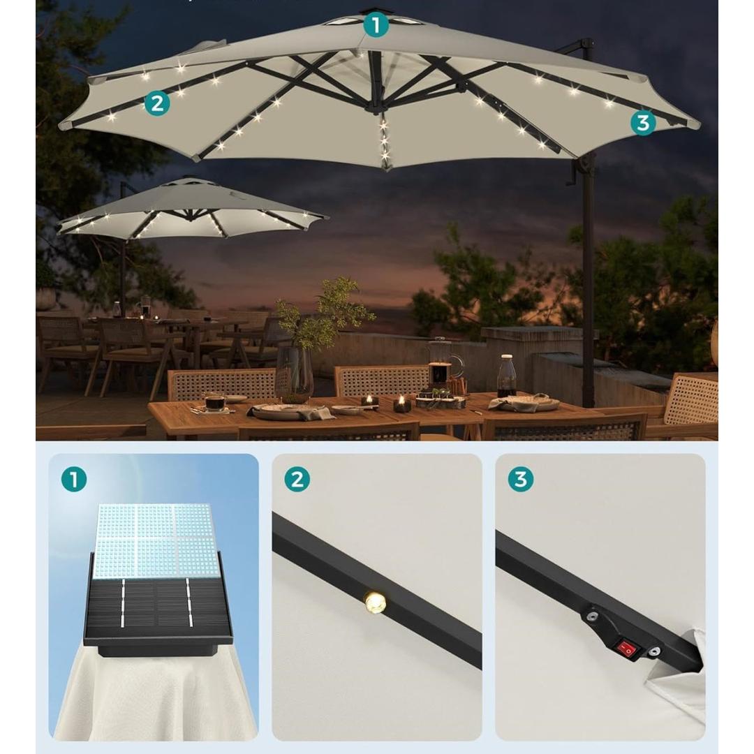 Svævende parasol Ø300 cm med LED-lys – 360° drejelig og vippelig – UPF 50+ – med sving og kryds-fod – produktvisning 5 | Noreva Home