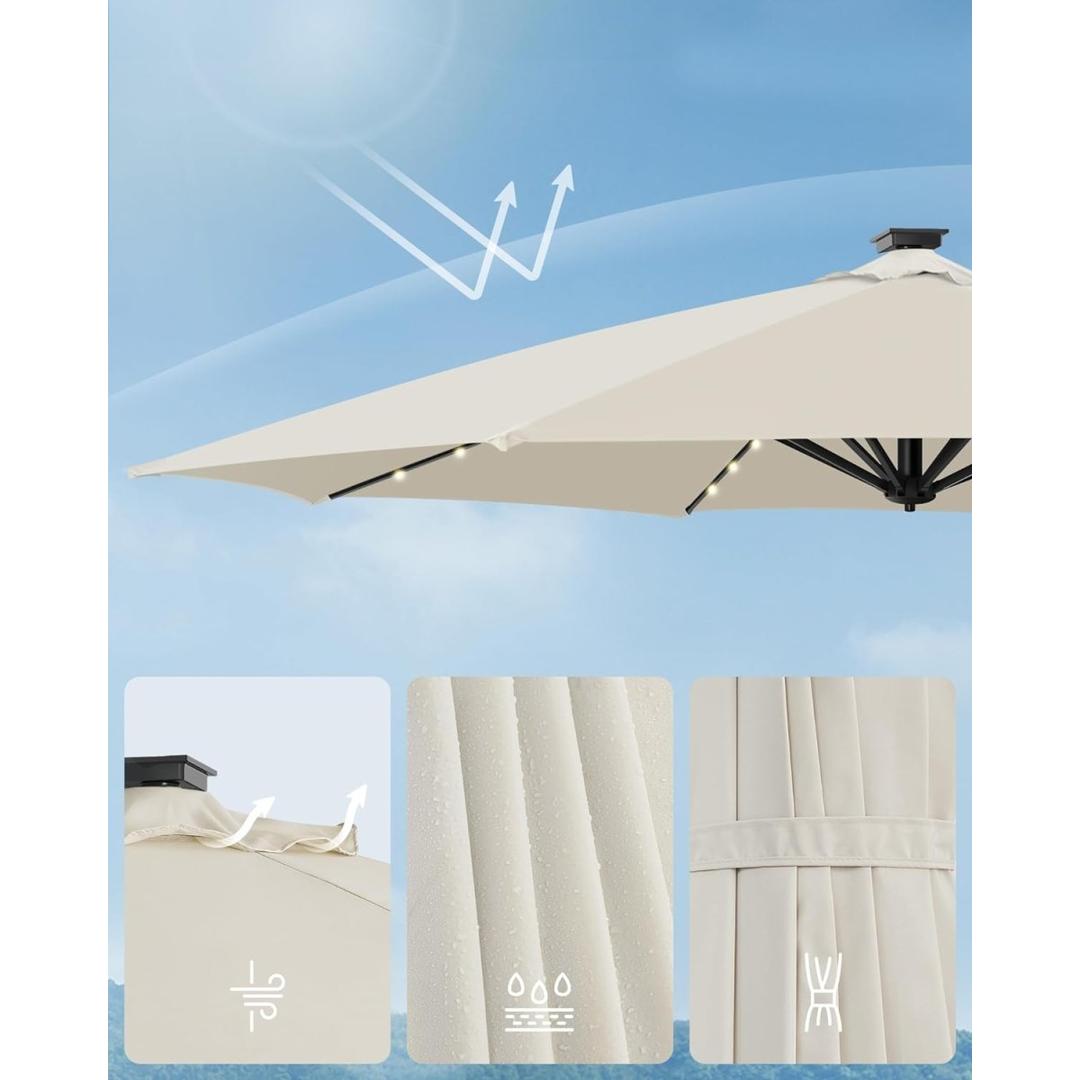 Svævende parasol Ø300 cm med LED-lys – 360° drejelig og vippelig – UPF 50+ – med sving og kryds-fod – produktvisning 6 | Noreva Home