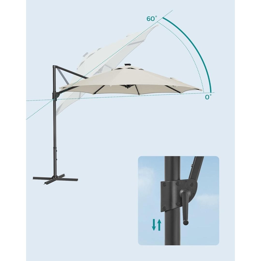 Svævende parasol Ø300 cm med LED-lys – 360° drejelig og vippelig – UPF 50+ – med sving og kryds-fod – produktvisning 8 | Noreva Home