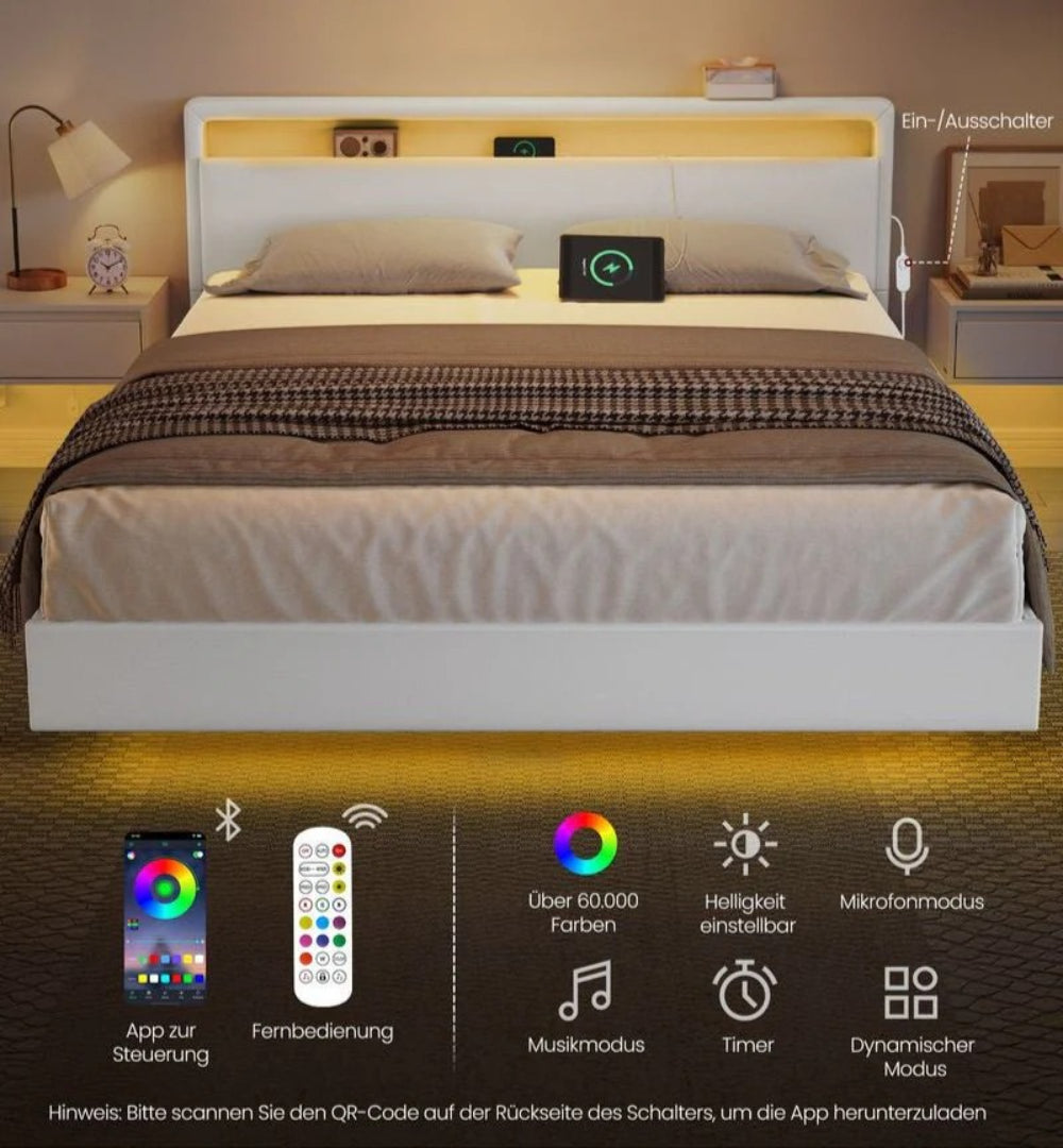 Svævende sengestel med LED-lys og USB-opladning – produktvisning 3 | Noreva Home