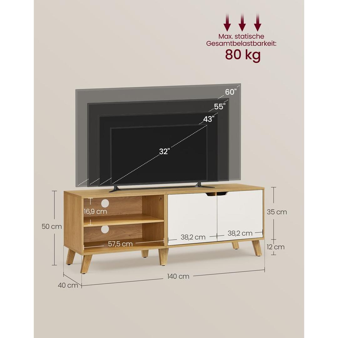 TV-bord med 2 Låger – 140 × 40 × 50 cm Lavt Opbevaringsskab til Stue og Medieopbevaring – produktvisning 19 | Noreva Home