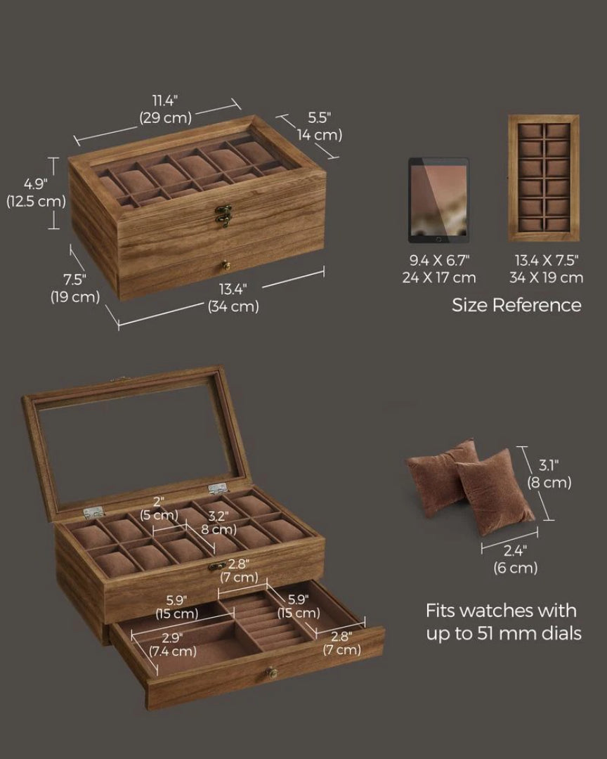 Urboks i træ med glaslåg, skuffe og 8 eller 12 rum, produktvisning 11 | Noreva Home