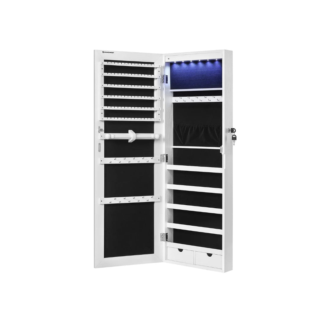 Vægmonteret smykkeskab med spejl og LED-lys, produktvisning 1 | Noreva Home