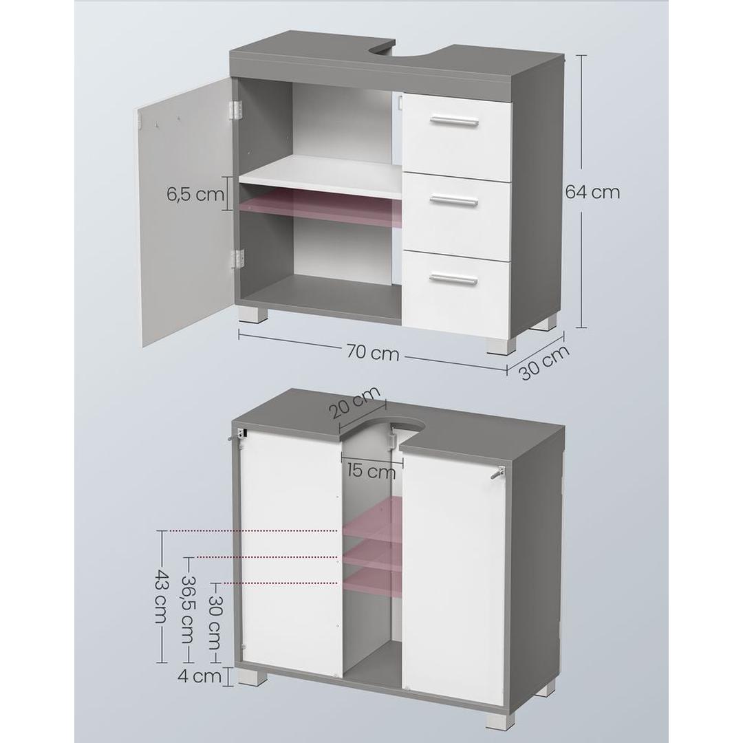Vaskeskab med Skuffer til Vandlås – 70 cm Bredt Badeværelsesskab med 2 Rum og 3 Skuffer – produktvisning 12 | Noreva Home