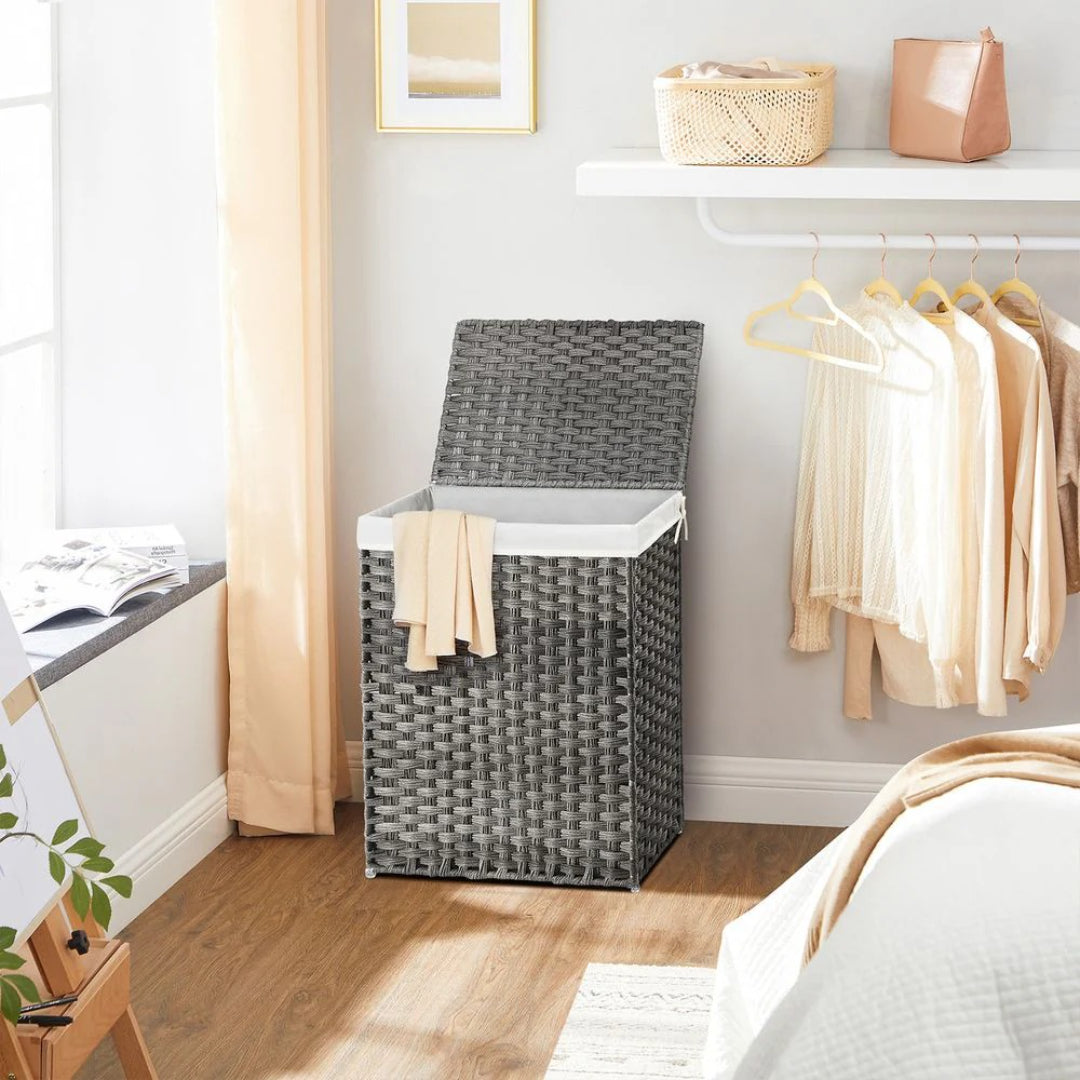 Vasketøjskurv med låg, 23,8 gallon, PP-rattan, 23,6 in høj, produktvisning 5 | Noreva Home