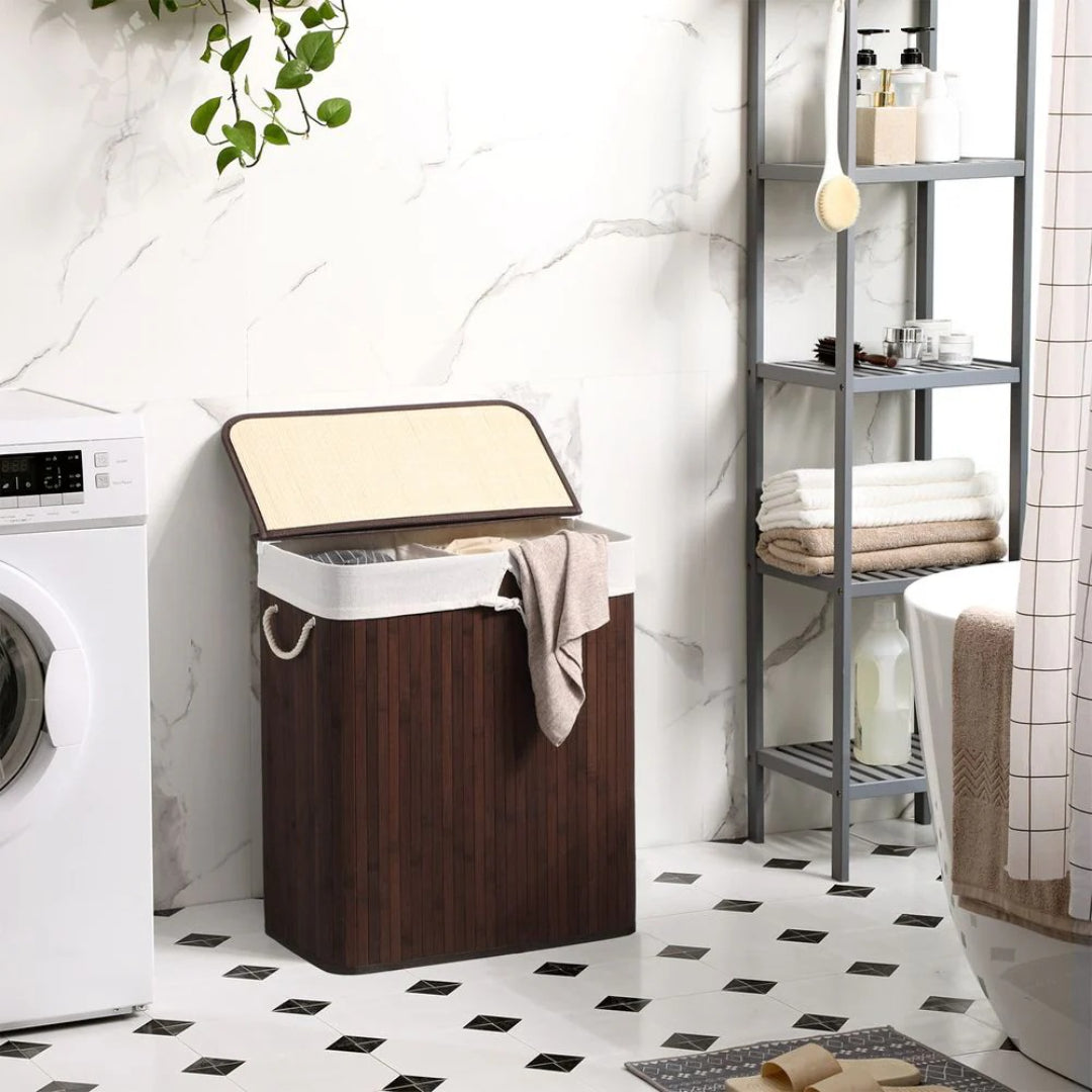 Vasketøjskurv med låg og 2 rum i bambus, 21,99 gallon, produktvisning 3 | Noreva Home
