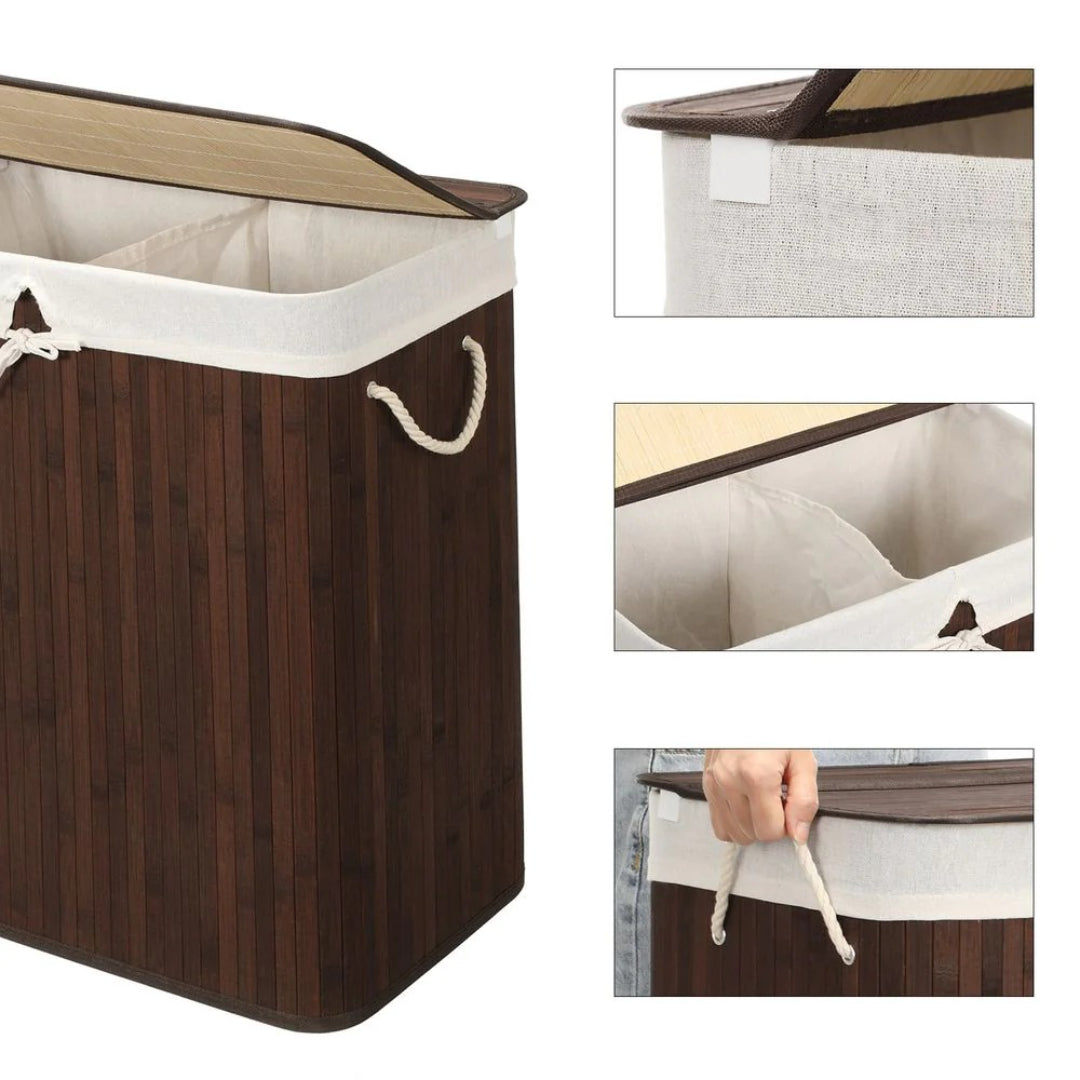 Vasketøjskurv med låg og 2 rum i bambus, 21,99 gallon, produktvisning 7 | Noreva Home