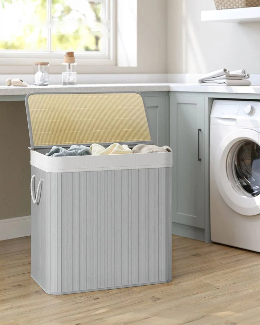 Vasketøjskurv med låg og 3 rum i bambus, 39,6 gallon, produktvisning 4 | Noreva Home