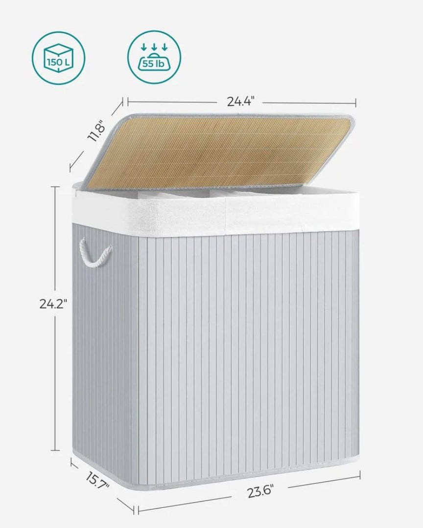 Vasketøjskurv med låg og 3 rum i bambus, 39,6 gallon, produktvisning 8 | Noreva Home