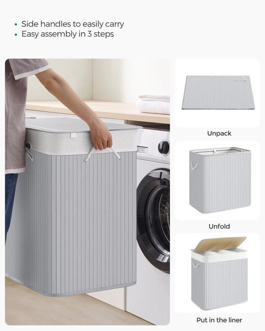 Vasketøjskurv med låg og 3 rum i bambus, 39,6 gallon, produktvisning 10 | Noreva Home