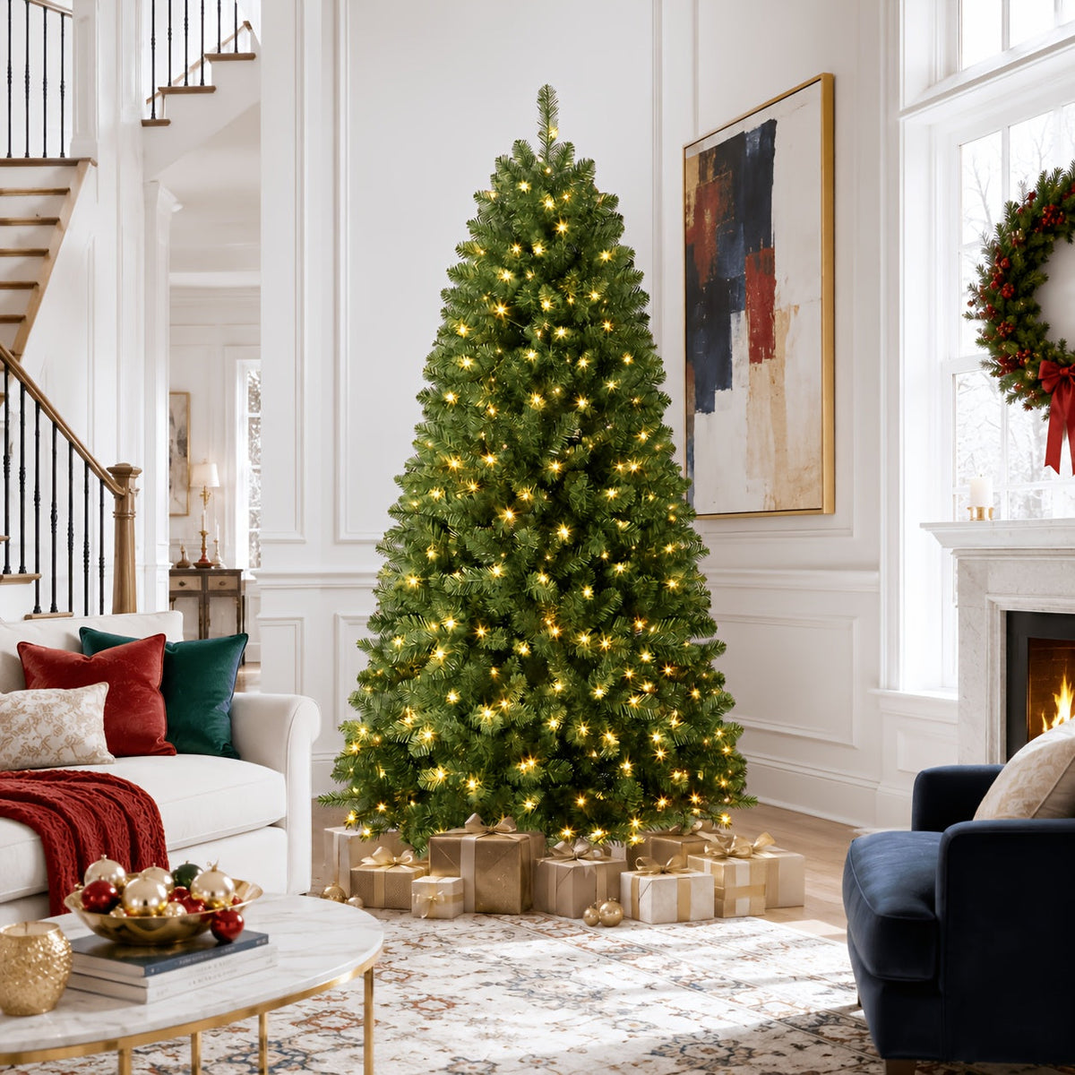 Kunstigt juletræ med varmhvide LED-lys og glimmerguirlande, billede 1