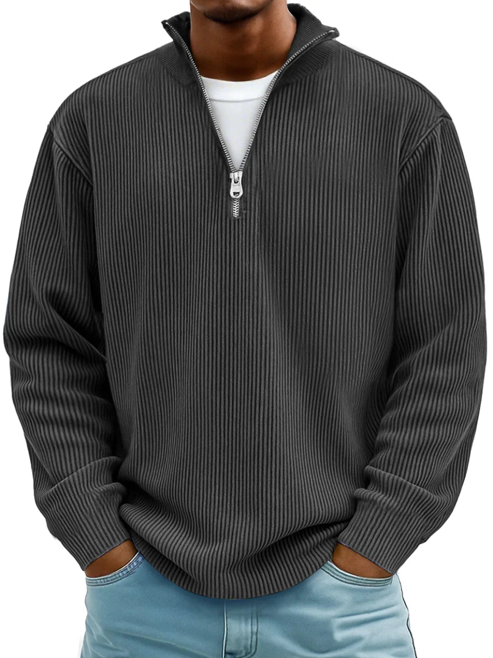 Ribstrikket herresweater med halv lynlås, billede 4