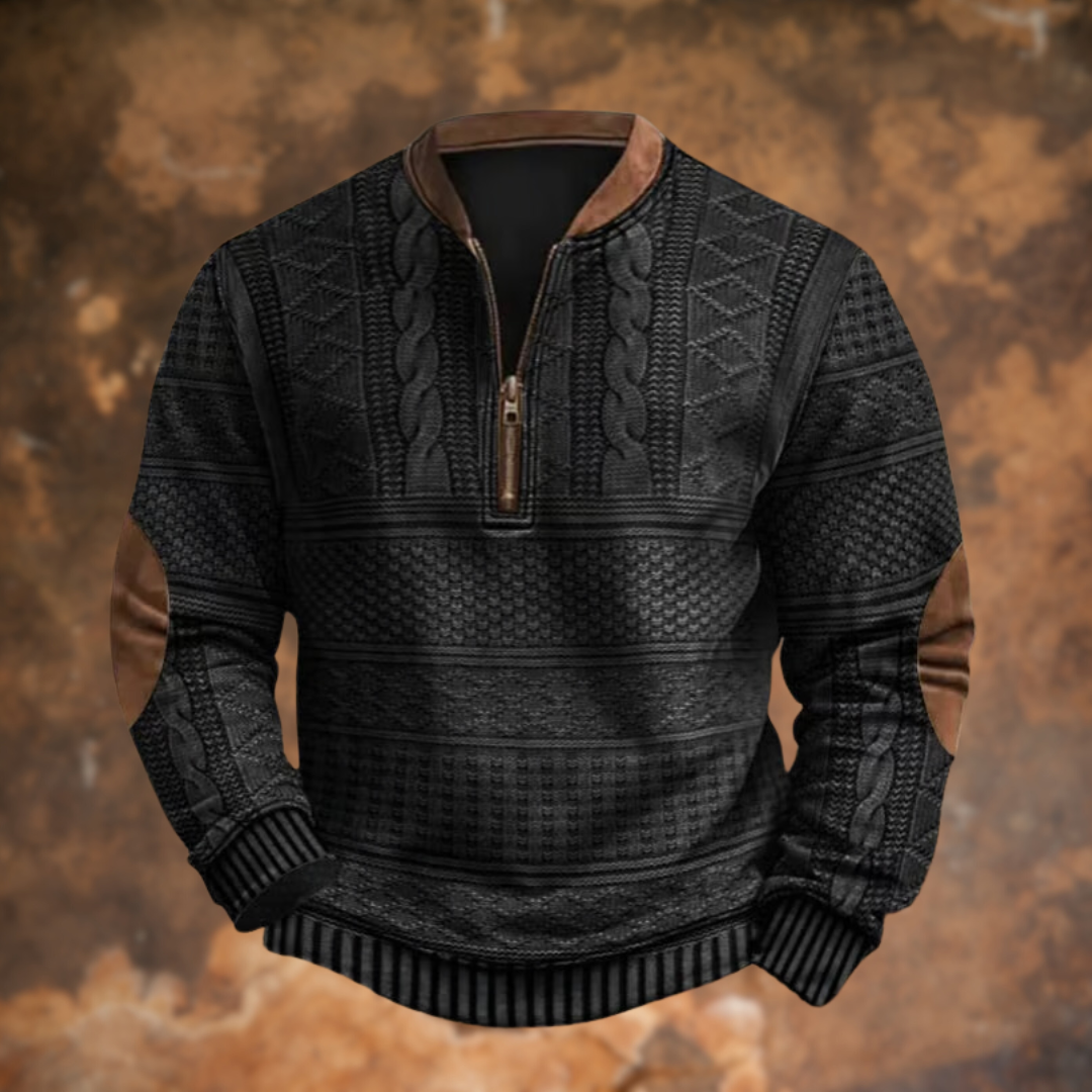 Sort herresweater med strikmønster, kort lynlås og brun krave
