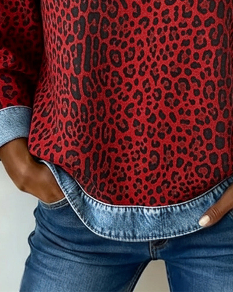 Sweatshirt til damer med leopardmønster og kanter i denimlook, billede 9
