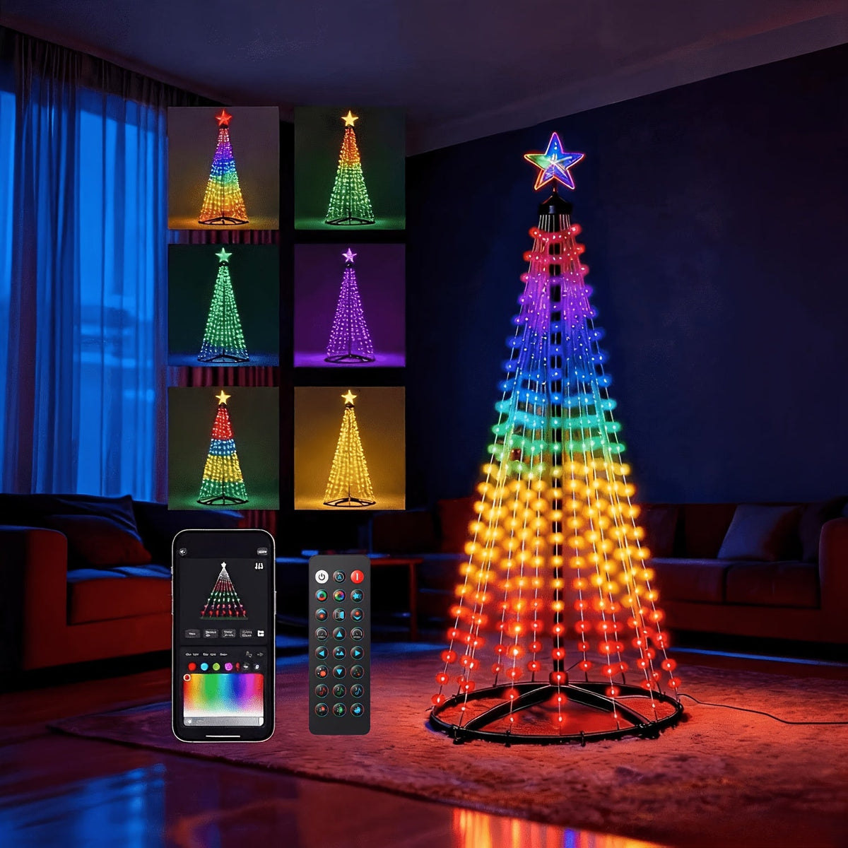 Udendørs lysende kegletræ med RGB-LED i en have om aftenen