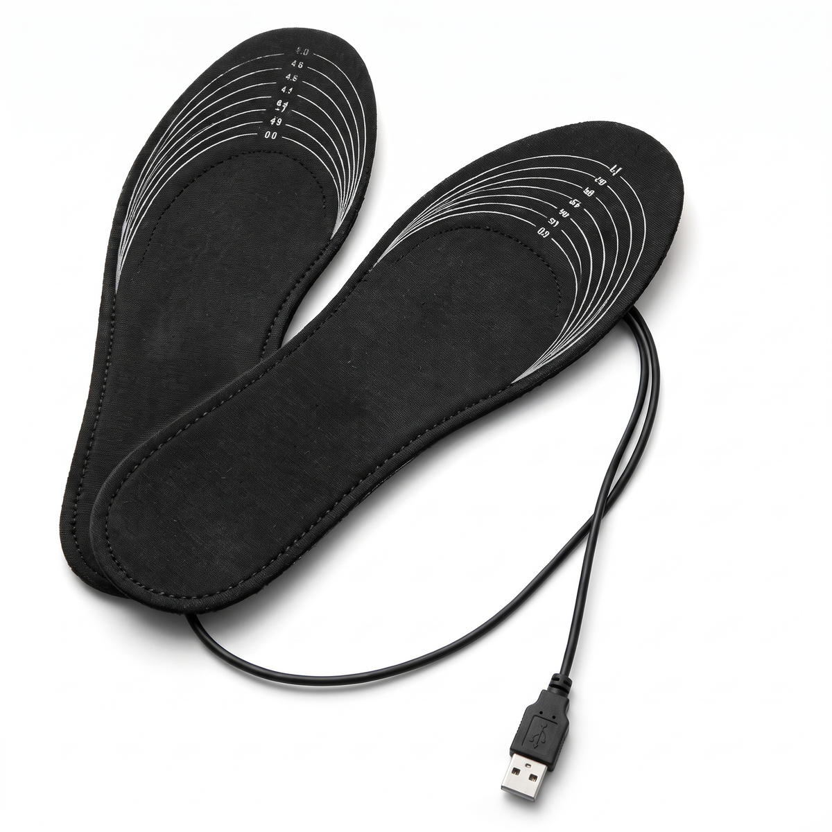 Sorte opvarmede indlægssåler med klippelinjer og USB-kabel
