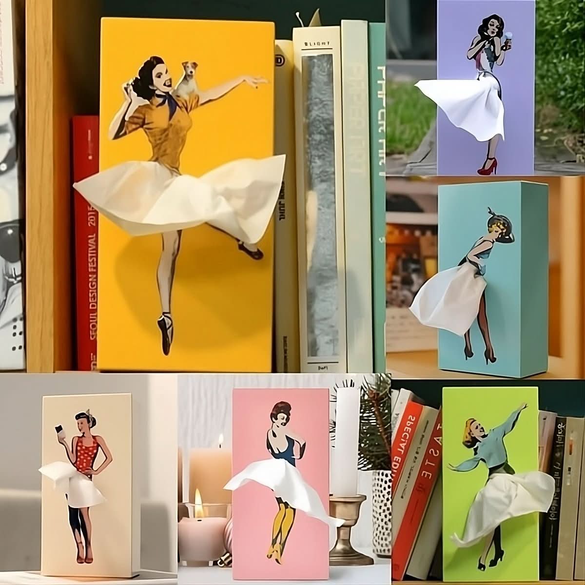 PAPIRDANS servietboks i seks forskellige farver set ved siden af hinanden