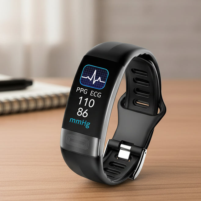 Sort smartwatch på håndled viser puls og EKG