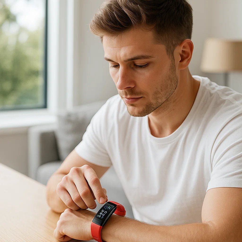Smartwatch med silikonerem og skærm med sundhedsdata