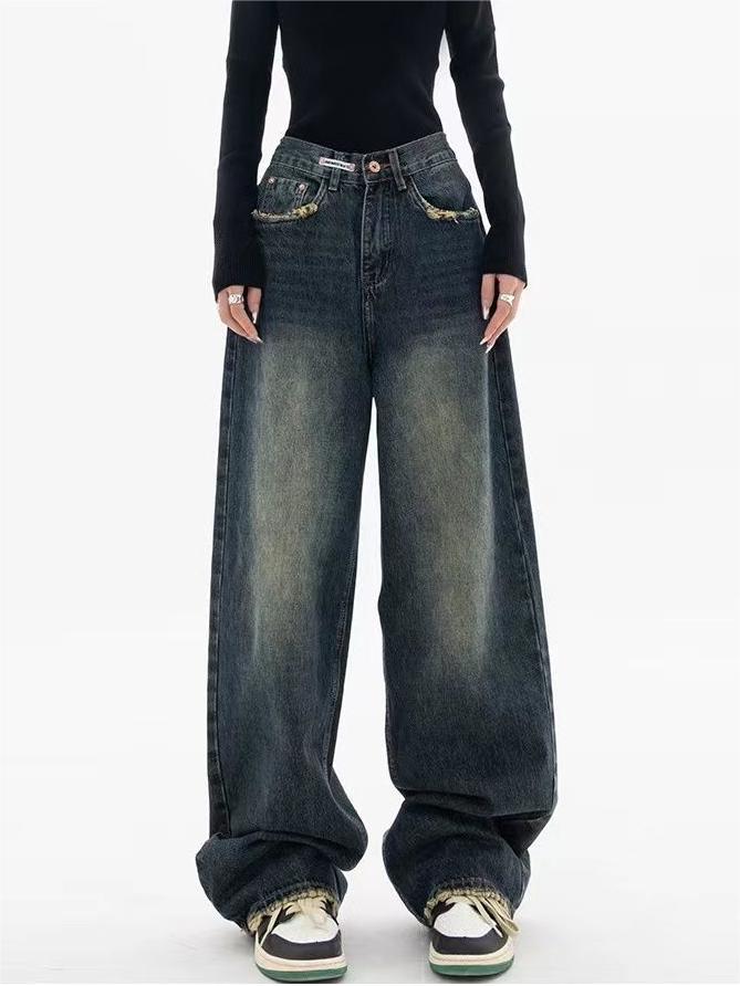 Mørkvaskede baggy boyfriend jeans set forfra