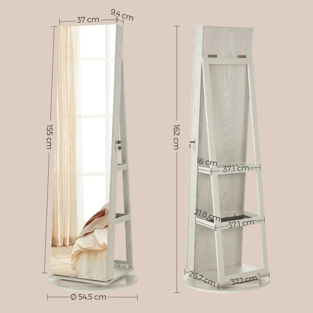 Smykkeskab med spejl 360° drejeligt og lås