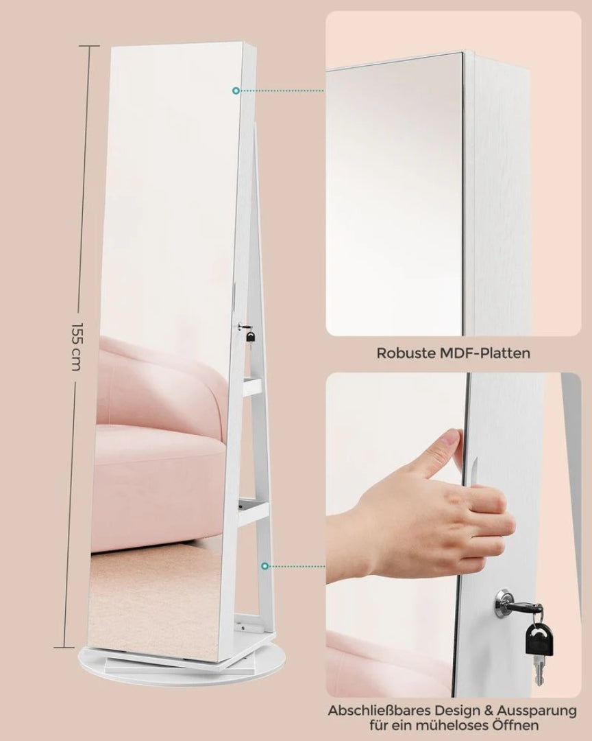 Smykkeskab med spejl 360° drejeligt og lås