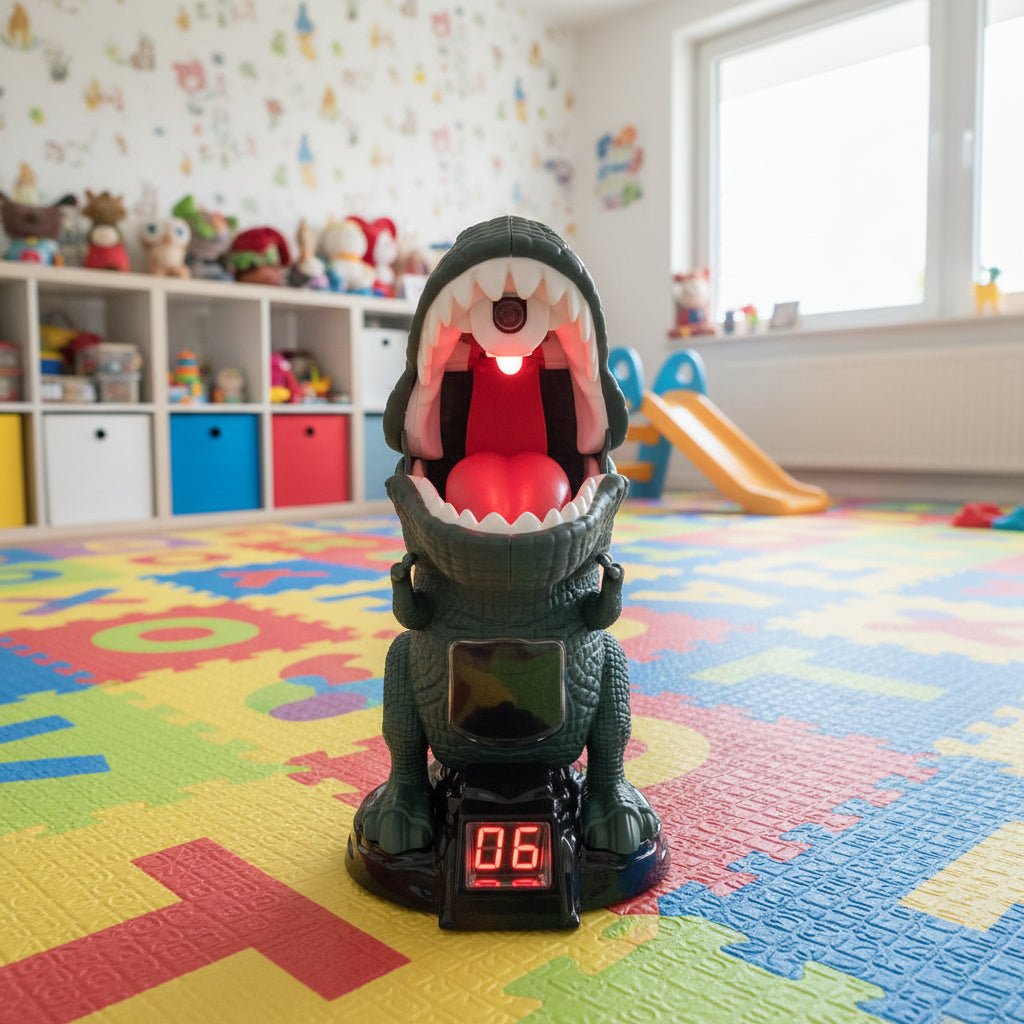 Dinosaurus skydespil med blaster, skumkugler og målskive