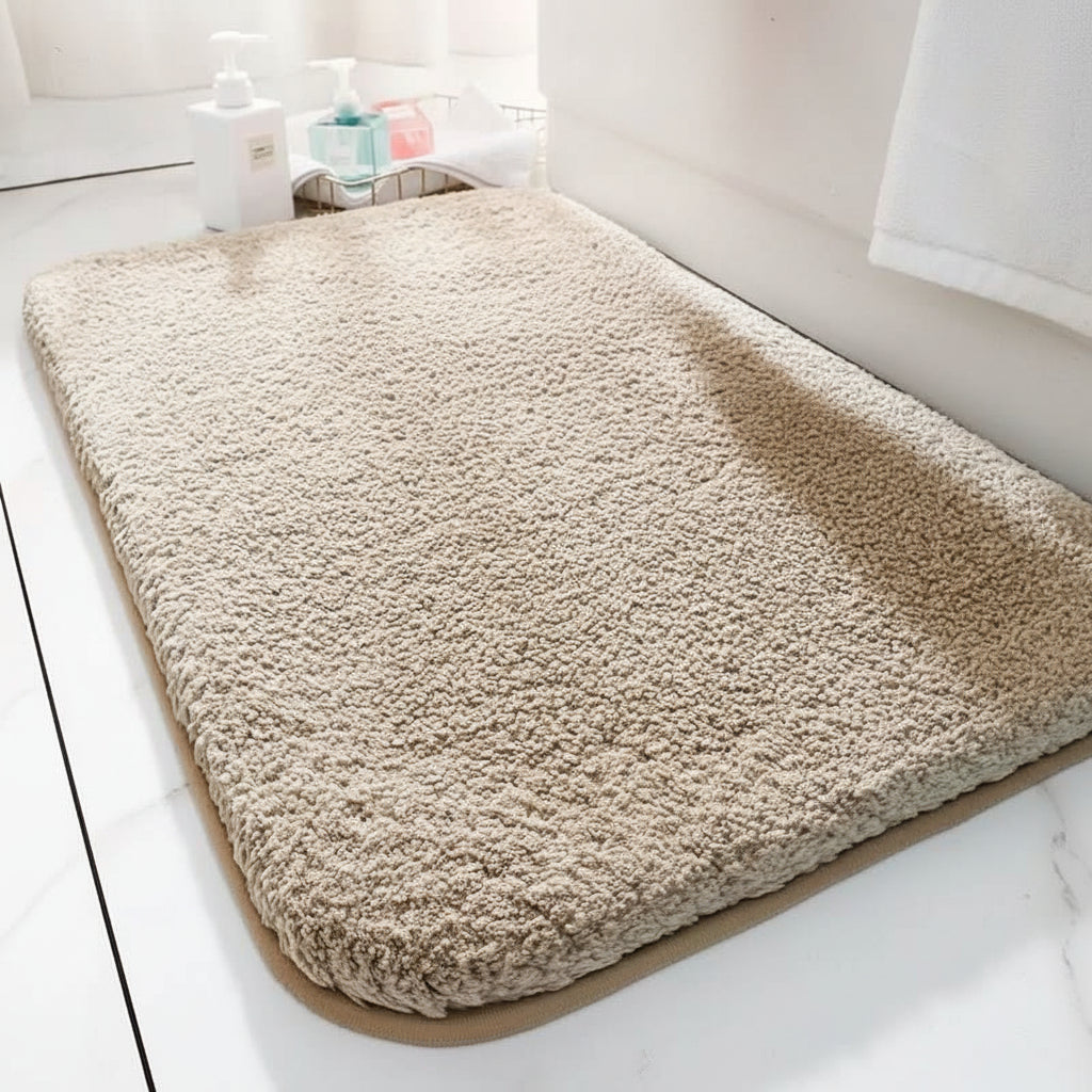 Blød grå bademåtte i tyk mikrofiber foran et badekar