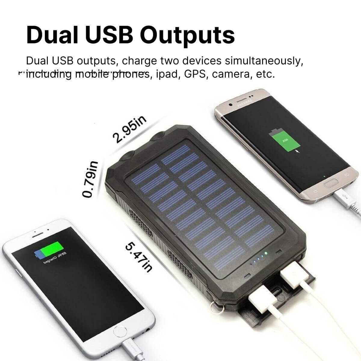 Nærbillede af de to USB-porte og LED-lygten på SOLKRAFT powerbank